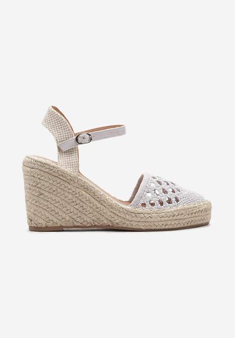 Jasnoszare Sandały z Imitacji Skóry na Plecionym Koturnie Zapinane Wokół Kostki Obidia