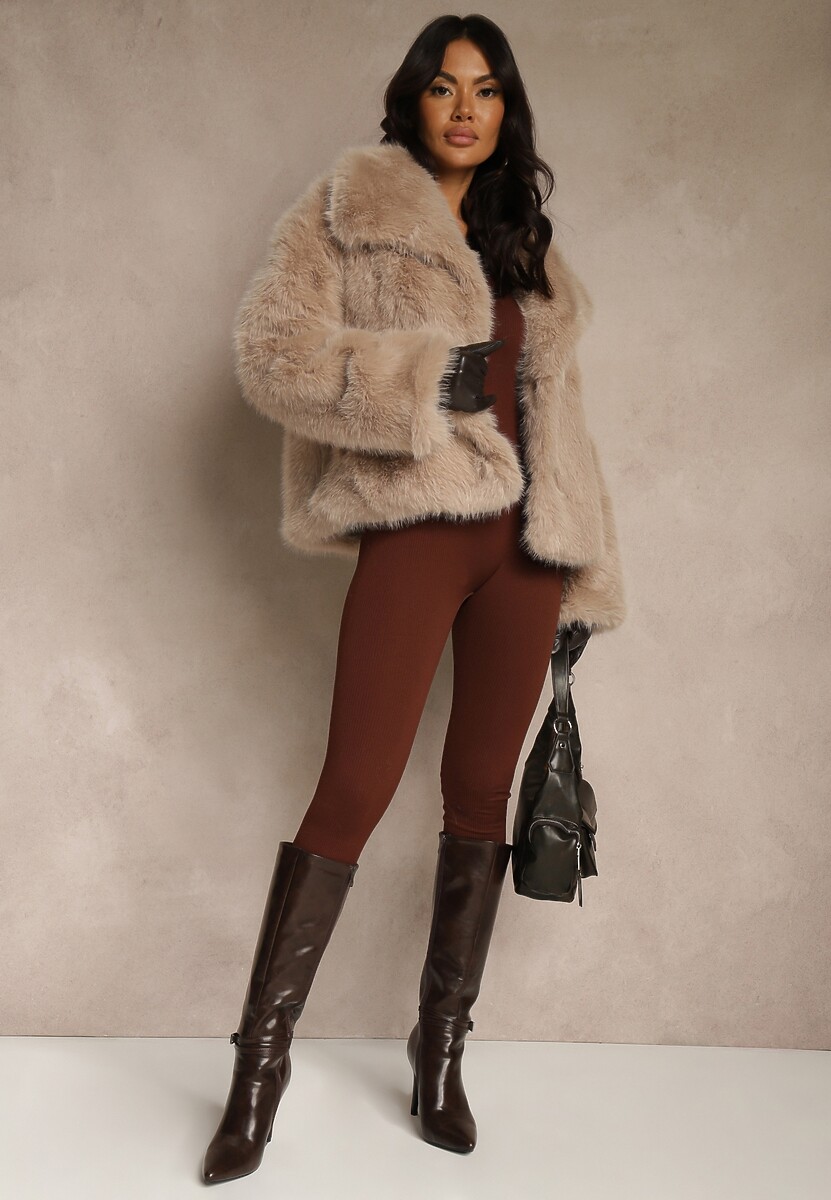 Beżowa Kurtka Futerko o Jednorzędowym Kroju z Szerokim Kołnierzem Dezile