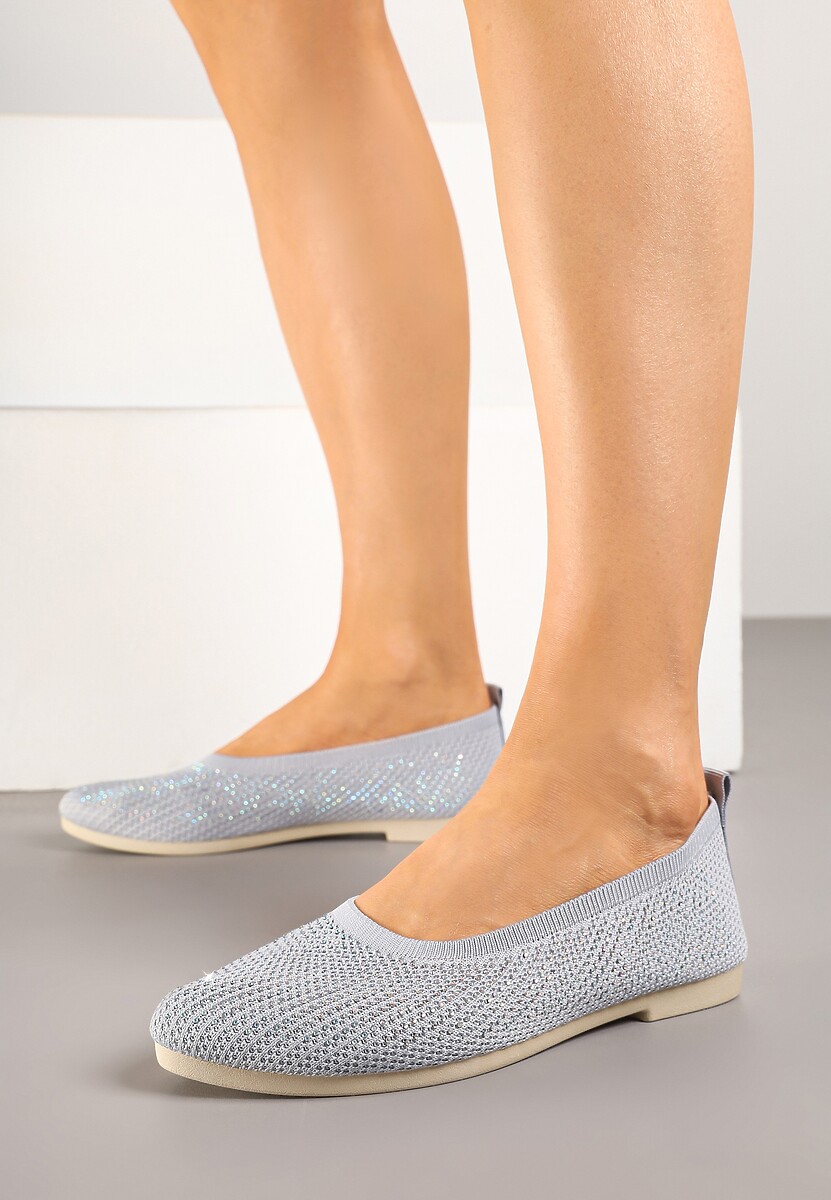 Szare Elastyczne Balerinki z Cholewką Zdobioną Metalicznymi Przeszyciami Elitella
