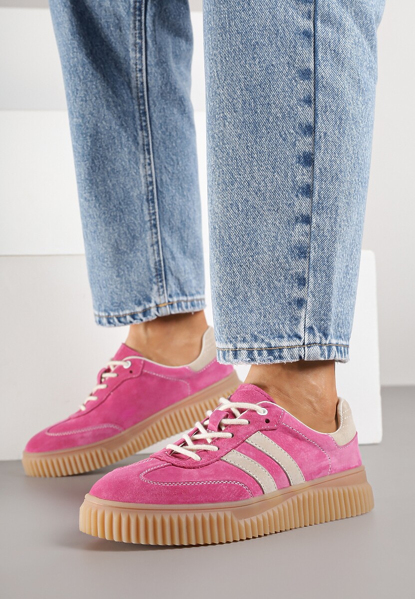 Fuksjowe Zamszowe Sneakersy w Stylu Kultowych Tenisówek ze Skórzaną Wkładką Tenannia