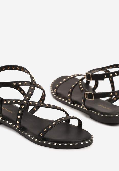 Czarne Sandały Typu Gladiatorki z Ozdobnymi Nitami Kiniteia