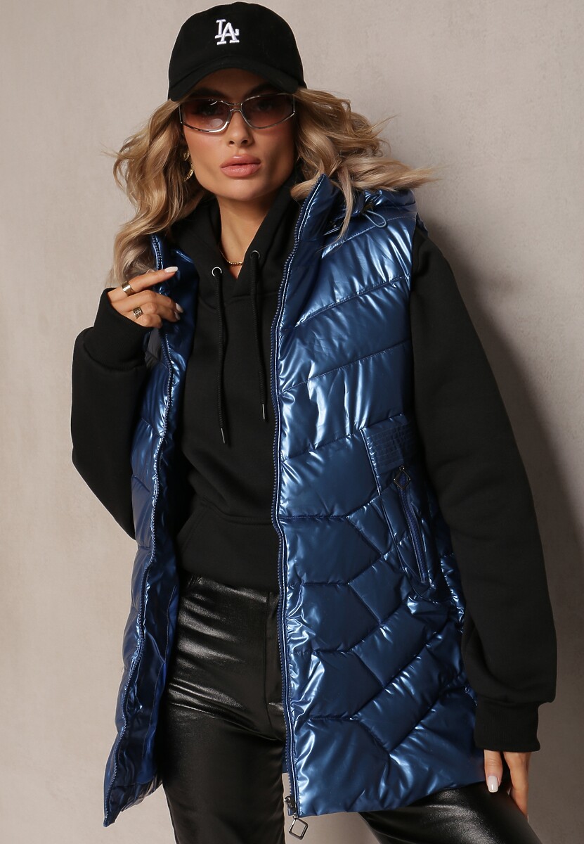 Niebieska Kamizelka Bezrękawnik z Kapturem i Ozdobnym Pikowaniem Sieuna