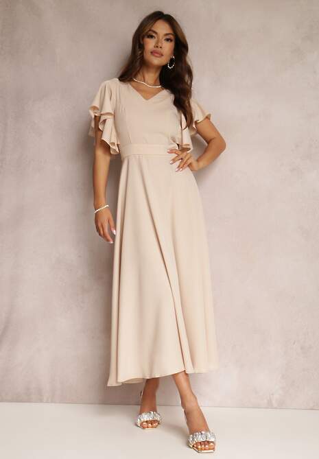 Beżowa Sukienka o Rozkloszowanym Kroju z Falbanami Bouchard