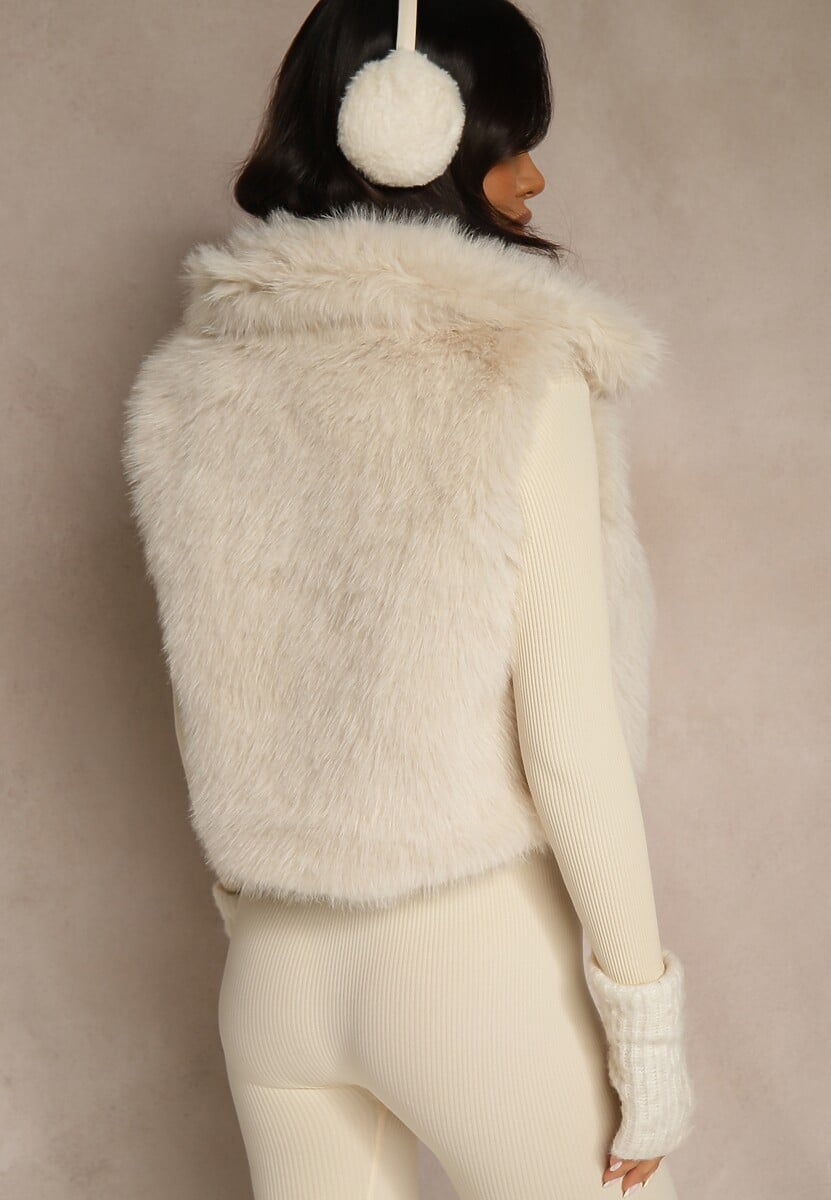 Beżowa Futerkowa Kamizelka z Kołnierzem i Kieszeniami Nenessa