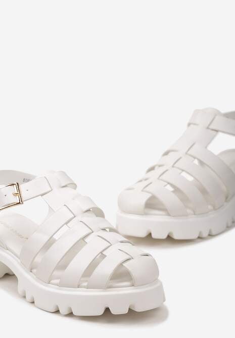 Białe Sandały Zapinane wokół Kostki na Sprzączkę z Wycięciami na Grubej Podeszwie Vapira