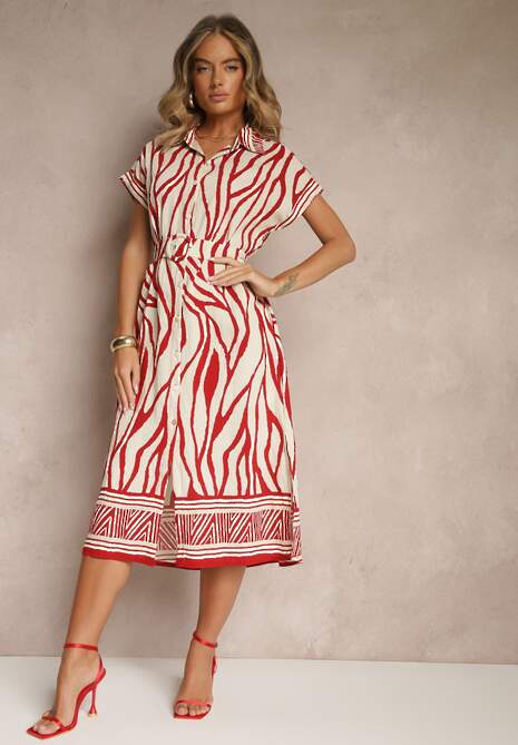 Czerwona Sukienka o Koszulowym Kroju z Wiskozą z Paskiem z Klamrą Gebbie