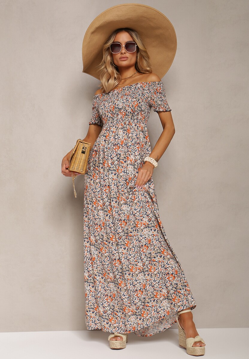 Granatowo-Pomarańczowa Długa Sukienka Bawełniana Hiszpanka w Kwiatowy Wzór Nrosa