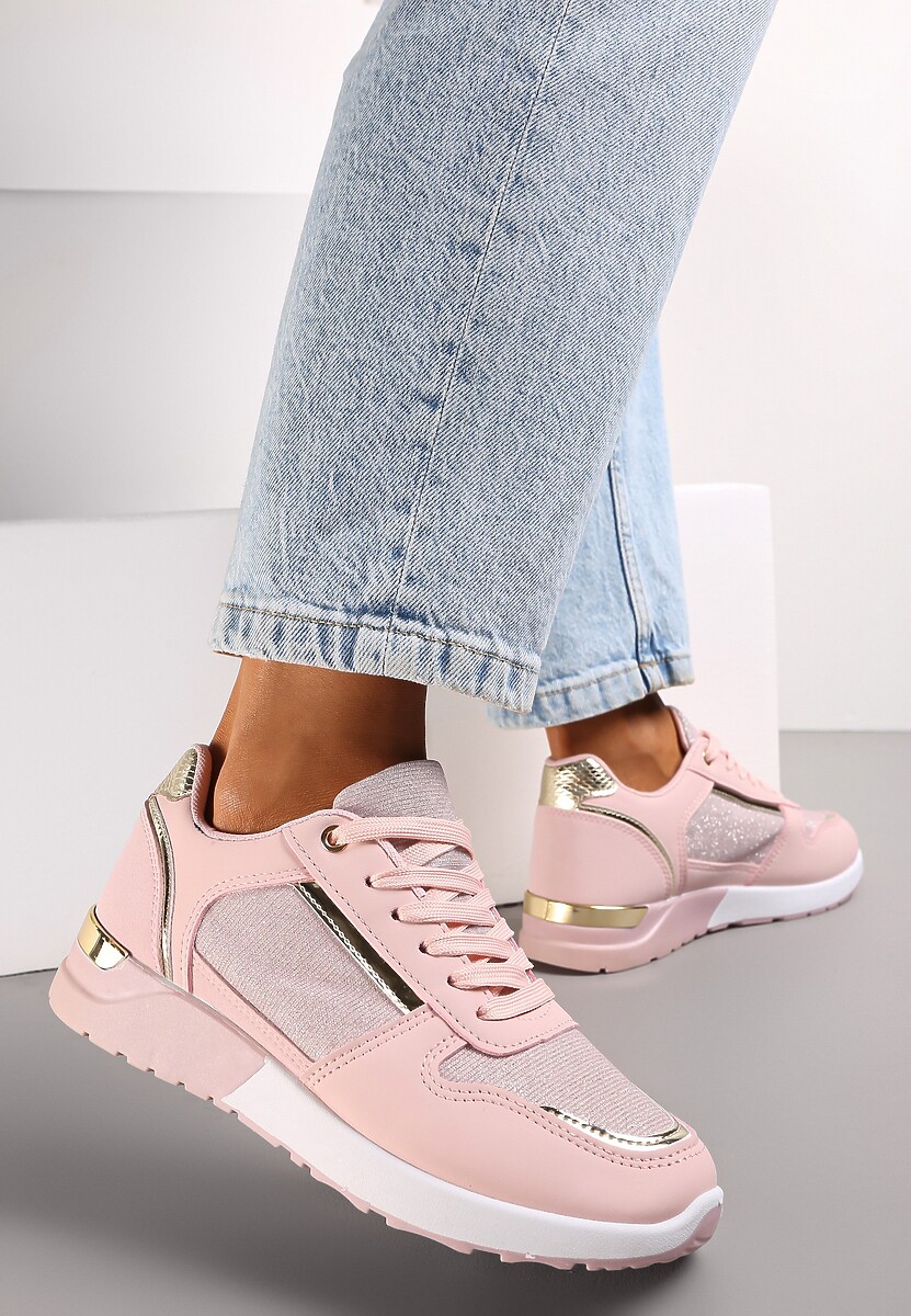 Różowe Płaskie Sneakersy Sznurowane z Brokatowymi Wstawkami Raflia