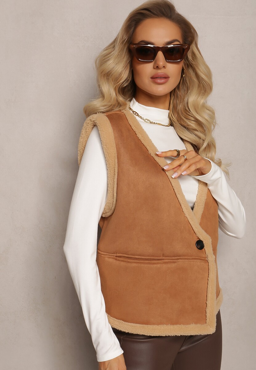 Brązowa Luźna Kamizelka z Ozdobnym Kożuszkiem Barta