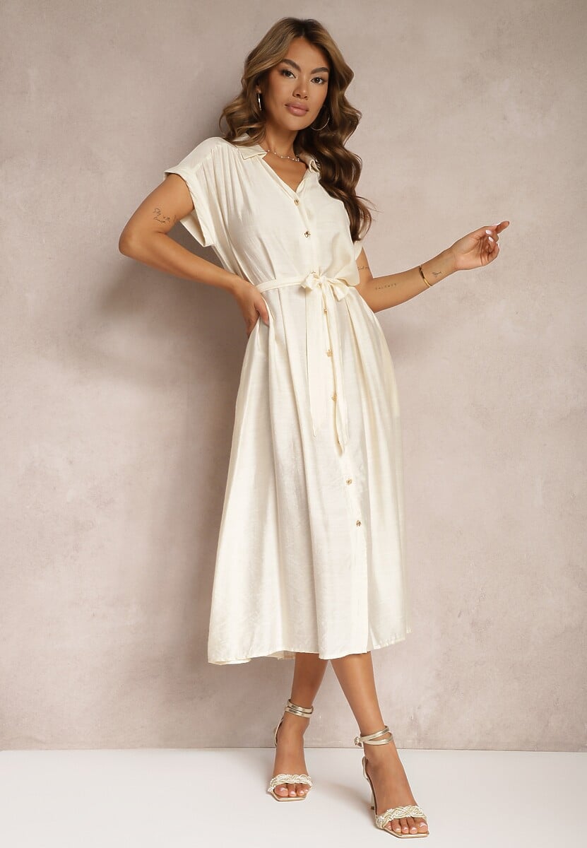 Czarna Rozkloszowana Sukienka o Koszulowym Kroju Ozdobiona Paskiem w Talii i Guzikami Rosofia