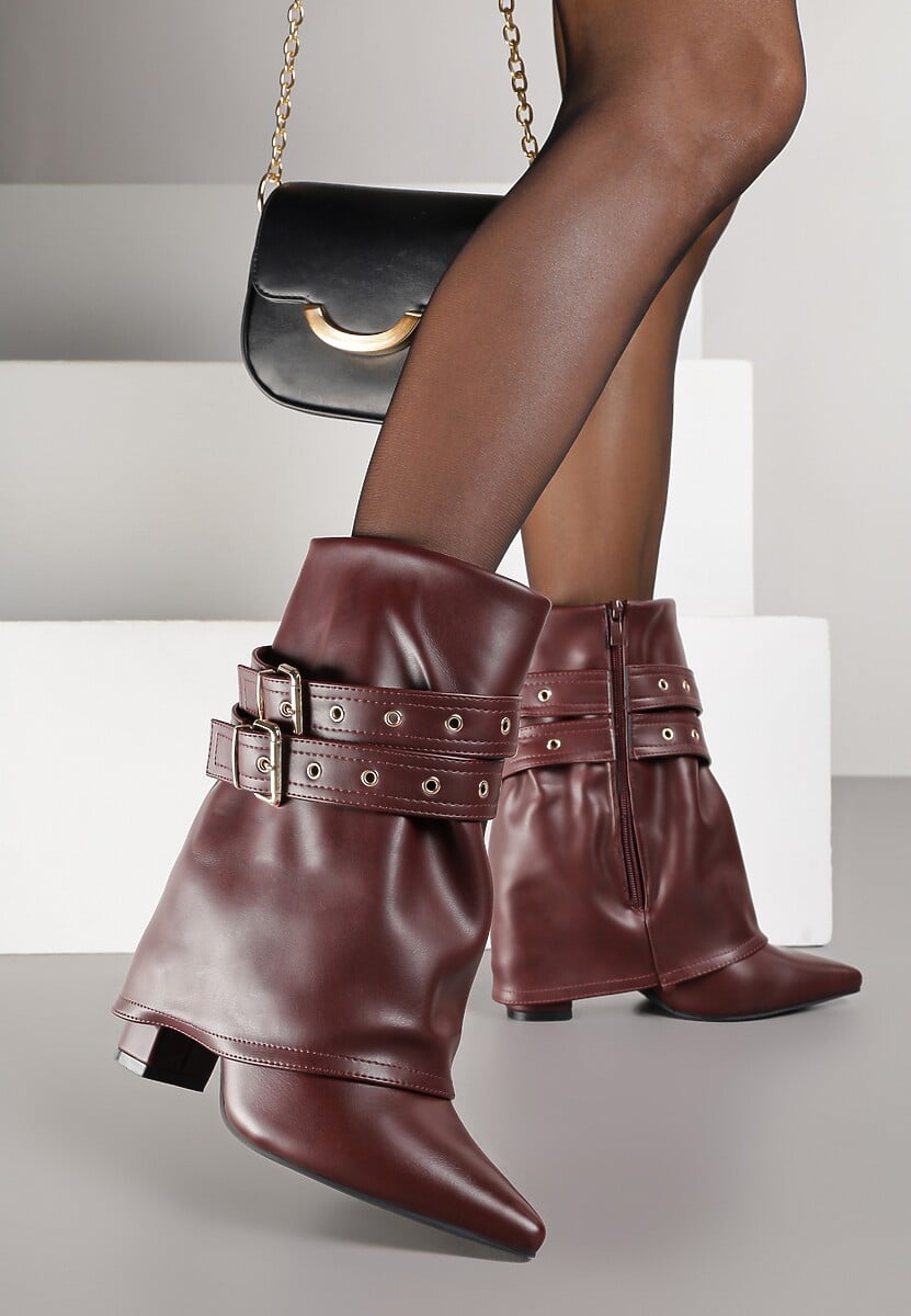 Brązowe Botki Kowbojki na Słupku Ozdobione Klamrami i Wywiniętą Cholewką Codvire