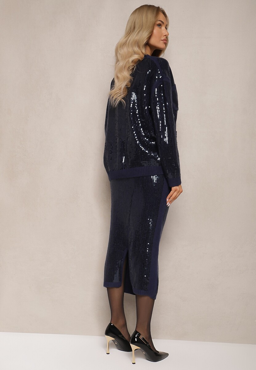 Granatowy Komplet z Dzianiny Ozdobiony Cekinami Spódnica Ołówkowa i Kardigan Linarith