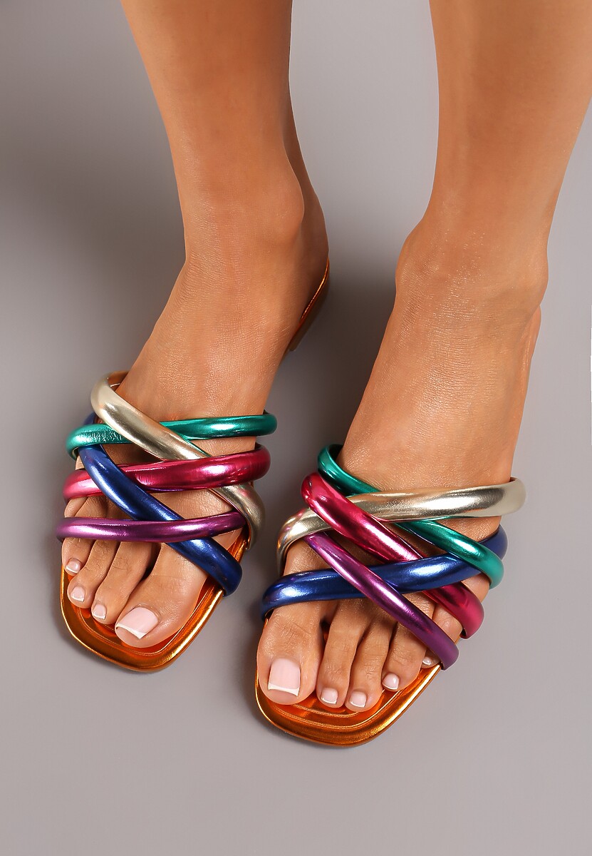 Pomarańczowe Płaskie Klapki Otwarte z Ozdobnymi Paskami Vemina