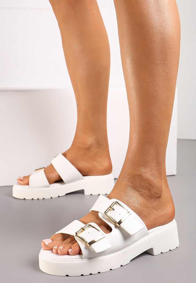 Beżowe Klapki z Dwoma Regulowanymi Paskami i Grubą Podeszwą Mistafa