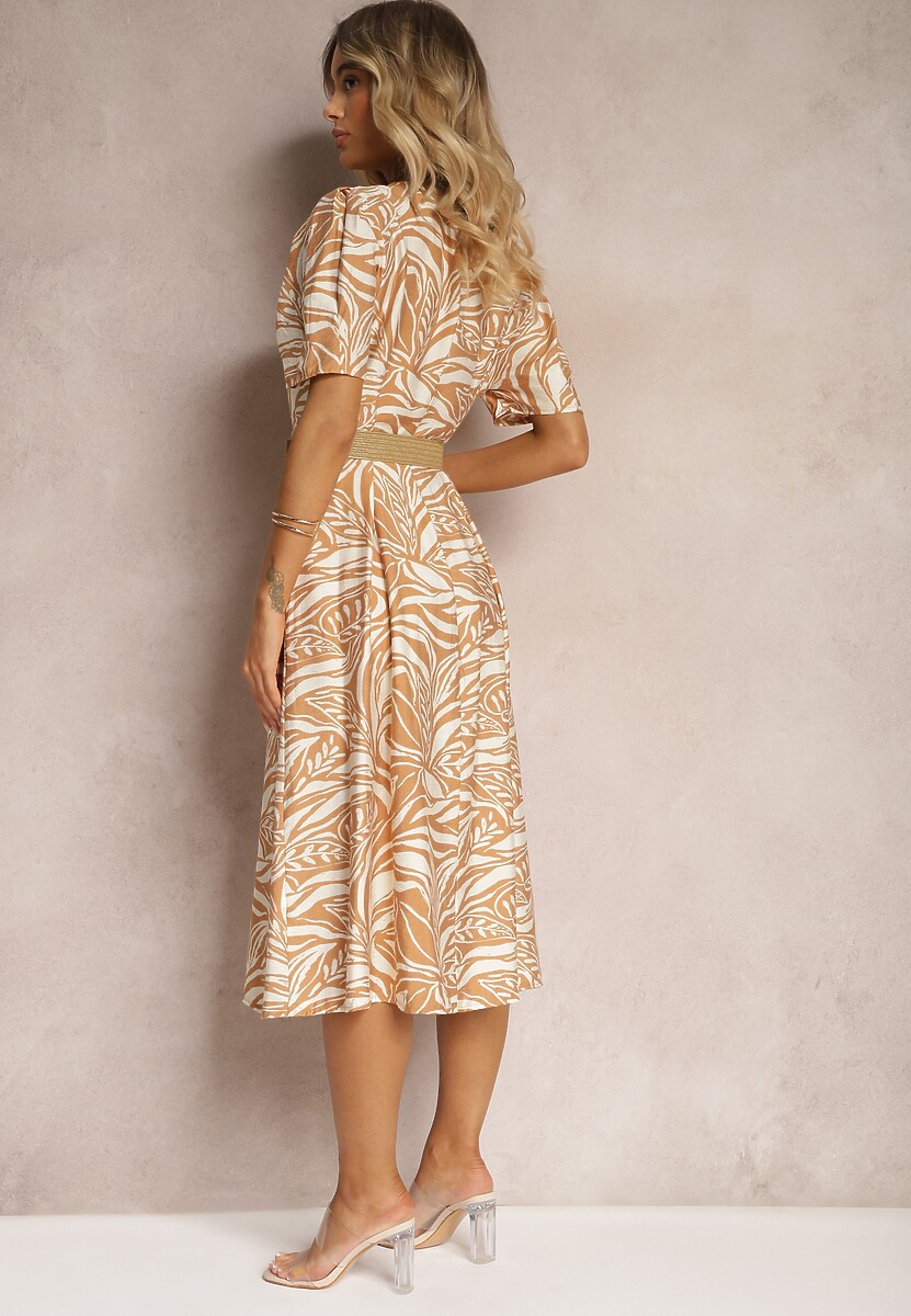 Beżowa Koszulowa Sukienka z Bufiastymi Rękawami i Plecionym Paskiem w Talii Aslatia