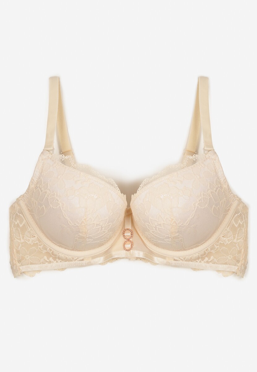Jasnobeżowy  Biustonosz Push Up Ozdobiony Koronką Temirenna
