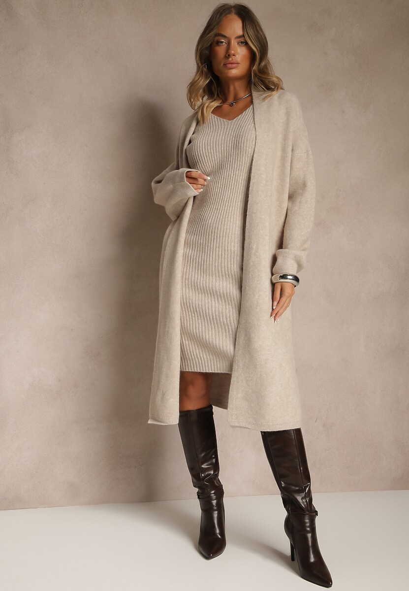 Beżowy Dzianinowy Komplet z Wełną Prążkowana Sukienka i Długi Kardigan Falonessa