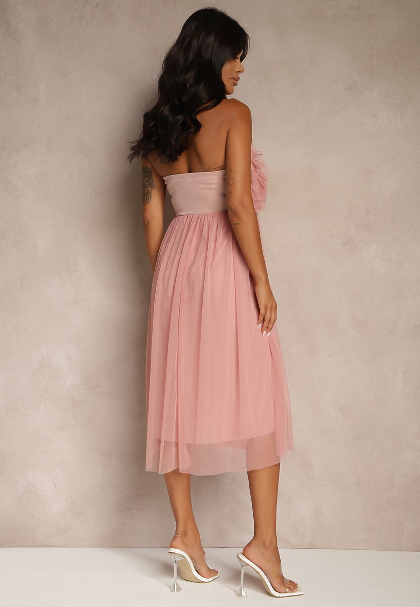 Ciemnoróżowa Tiulowa Sukienka bez Ramiączek z Falbankami Tremone