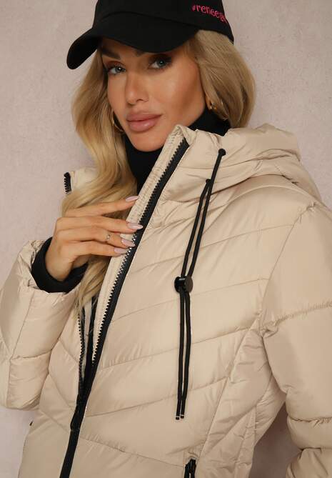 Ciemnobeżowa Długa Kurtka z Pikowanymi Przeszyciami Dwustronnym Suwakiem i Kapturem Fezilda