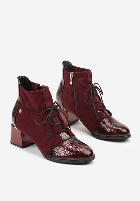 Bordowe Botki Typu Trzewiki Vices na Słupku Ozdobione Lakierowanymi Elementami Adenella
