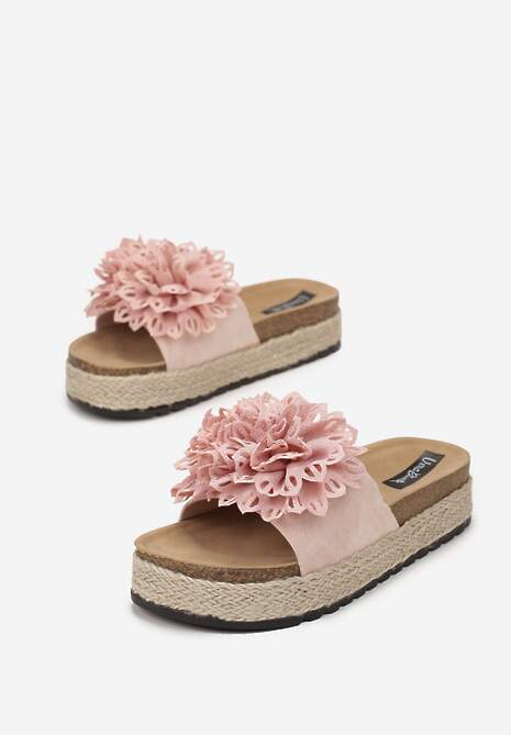 Różowe Klapki z Kwiatem na Pasku i Plecionką na Korkowej Podeszwie Presta
