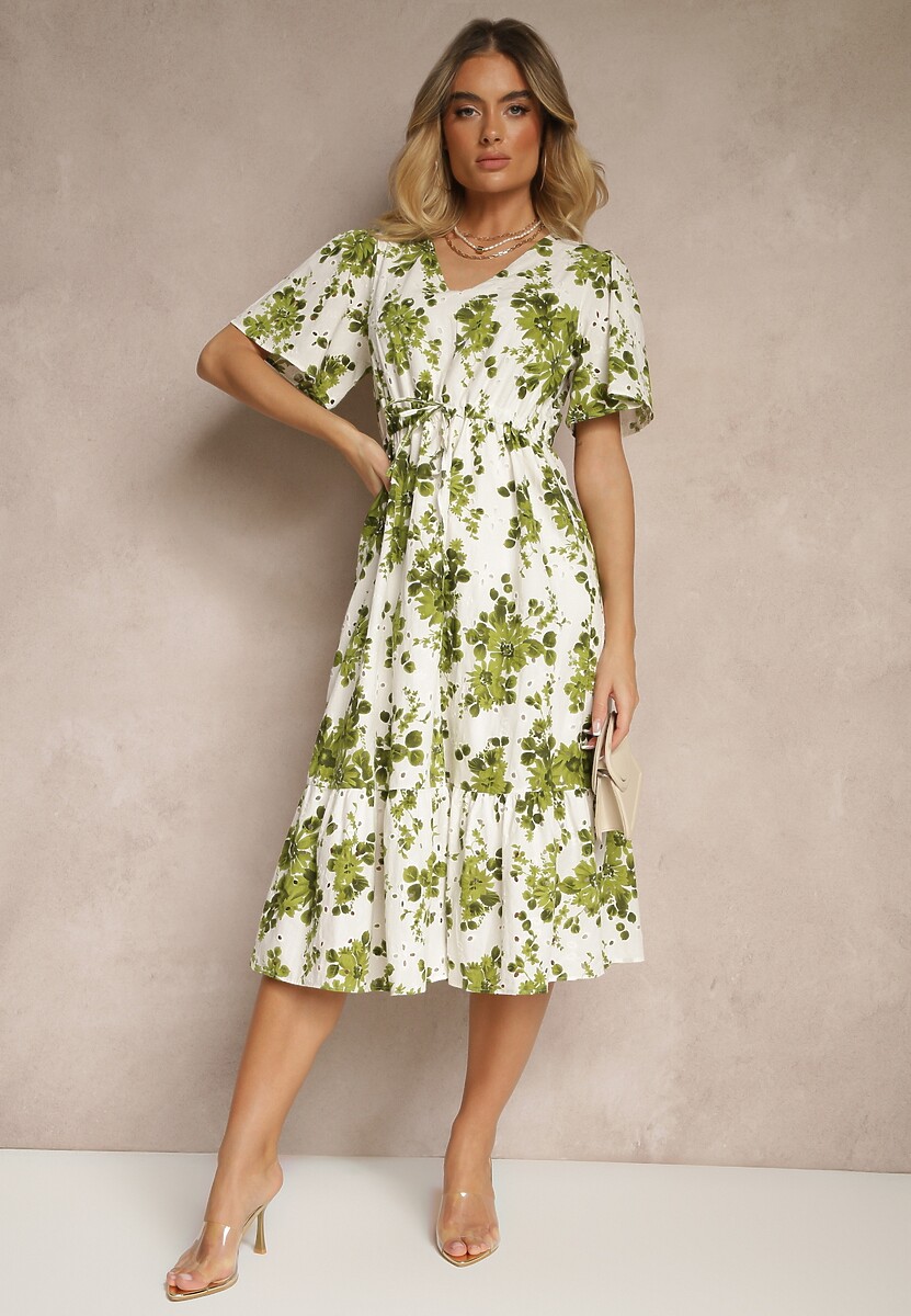 Zielona Bawełniana Sukienka Rozkloszowana Ażurowa w Kwiatowy Print Velbia