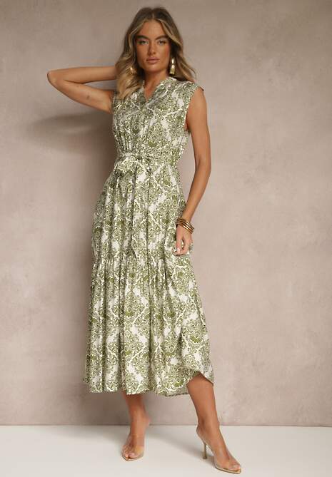 Zielona Sukienka z Wiskozy Bez Rękawów z Paskiem z Wiązaniem Filanesse