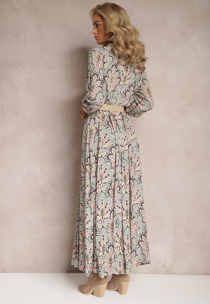 Miętowo-Różowa Koszulowa Sukienka z Dodatkowym Paskiem i Podpinanymi Rękawami Alonie