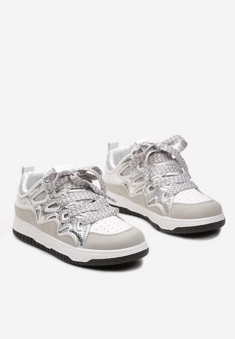 Srebrne Sneakersy z Metalicznym Błyskiem i Podwójnym Sznurowaniem Piniara