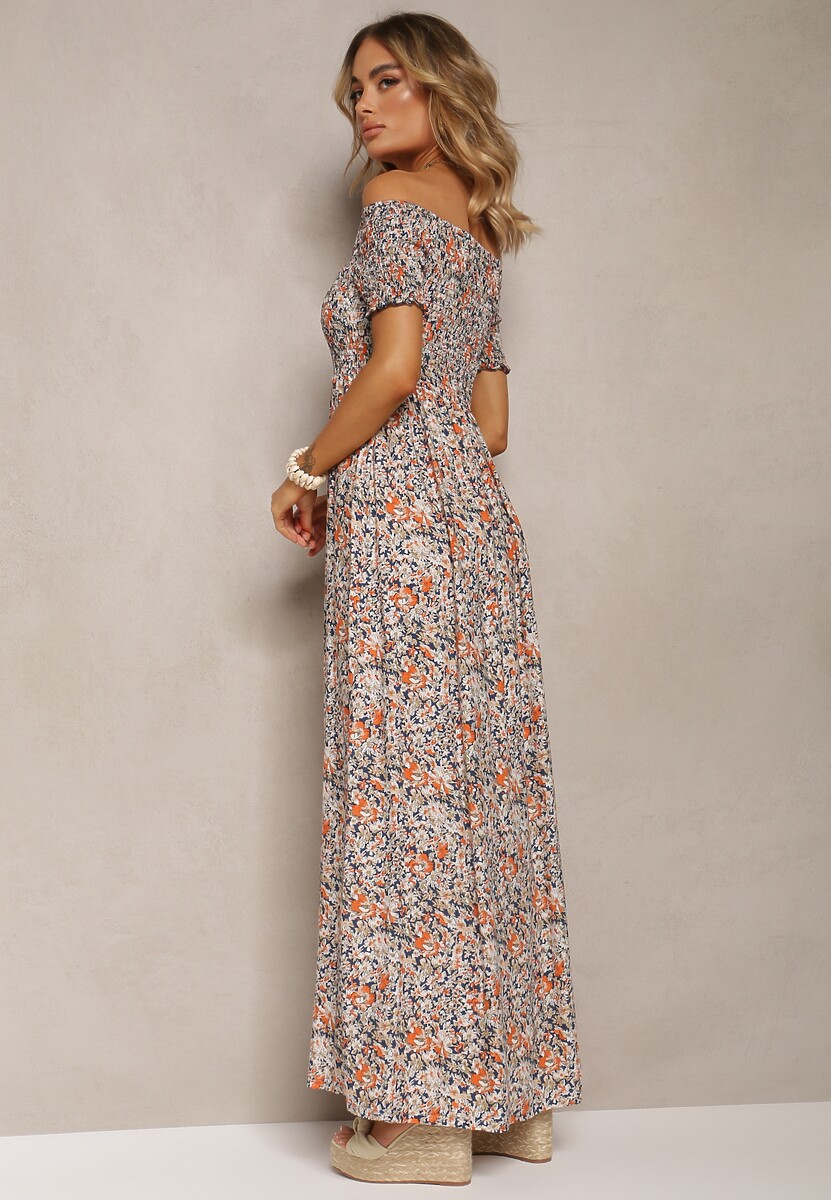 Granatowo-Pomarańczowa Długa Sukienka Bawełniana Hiszpanka w Kwiatowy Wzór Nrosa