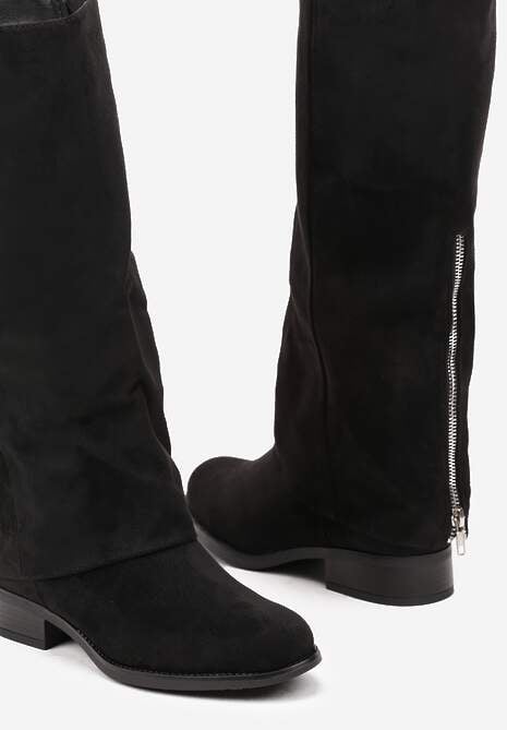 Czarne Ekozamszowe Kozaki na Płaskiej Podeszwie z Cholewką Imitującą Nogawkę Realeira