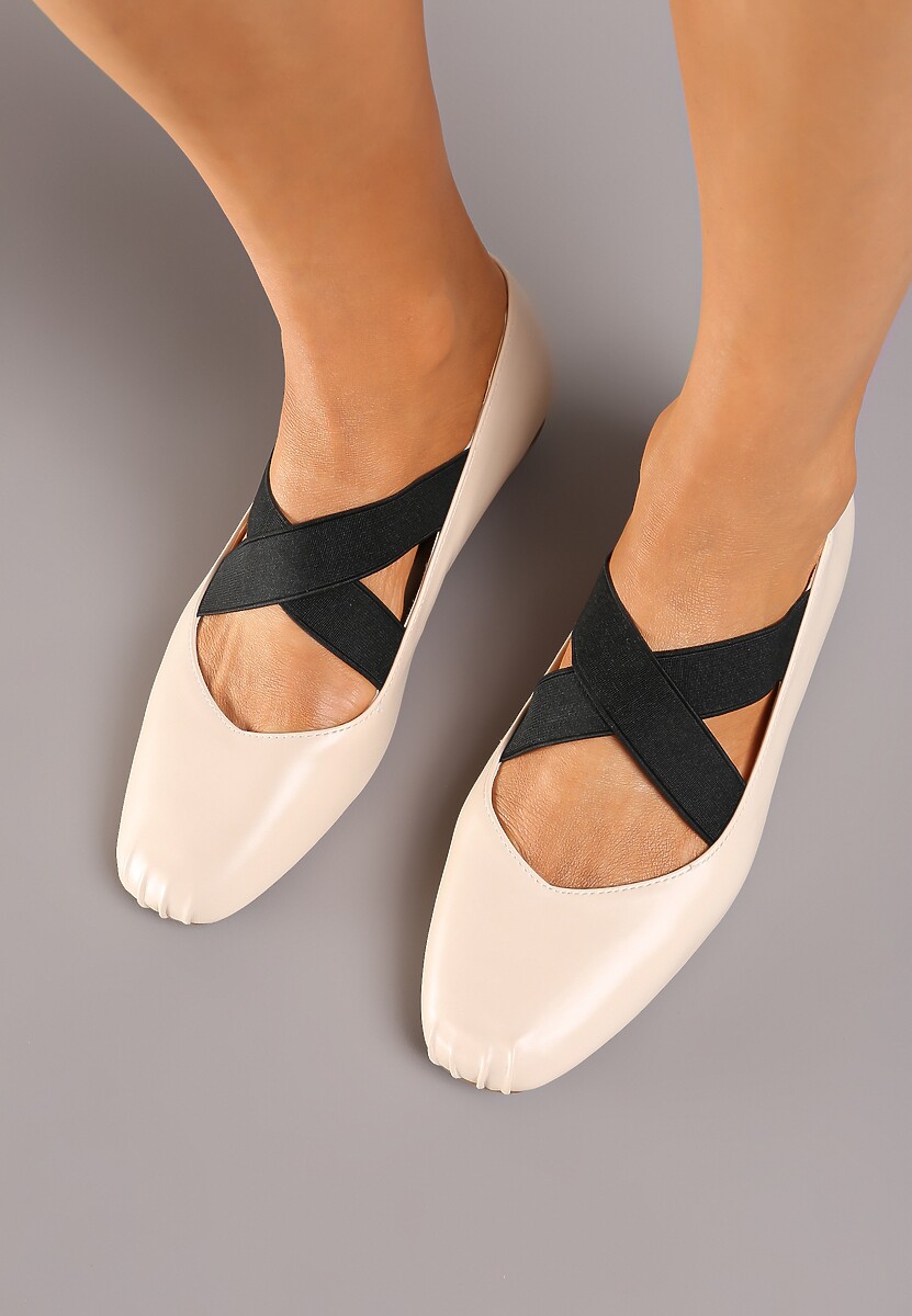 Beżowe Balerinki na Płaskiej Podeszwie z Gumką Elianora