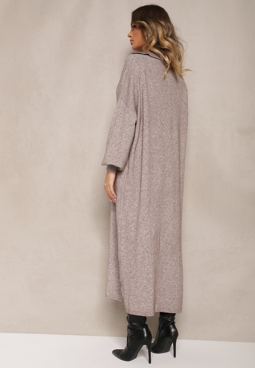 Beżowa Sweterkowa Sukienka z Wiskozą o Pudełkowym Kroju Ozdobiona Kołnierzykiem Clarinnae