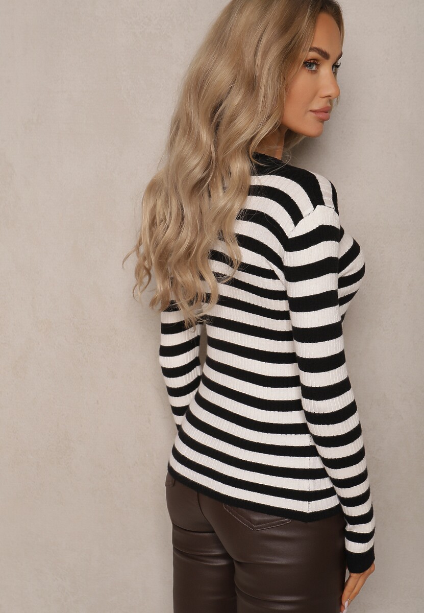 Czarno-Biały Sweter Zimowy w Paski z Bawełną Zindalina