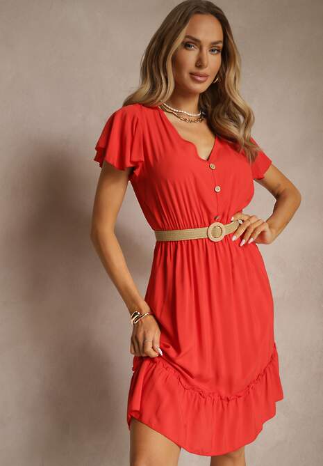 Czerwona Sukienka Rozkloszowana z Bawełny Ozdobiona Falbanami i Guzikami Zoliova