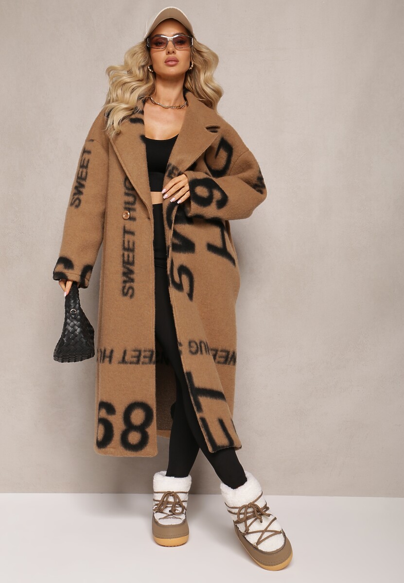Ciemnobeżowy Luźny Płaszcz Wełniany w Ozdobny Nadruk Misganna