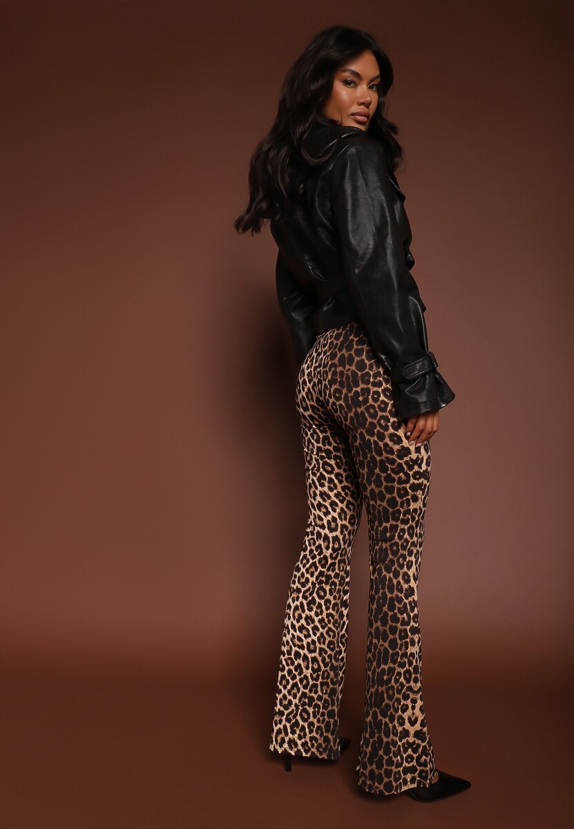 Beżowo-Brązowe Spodnie w Panterkę Dzwony Efralicea