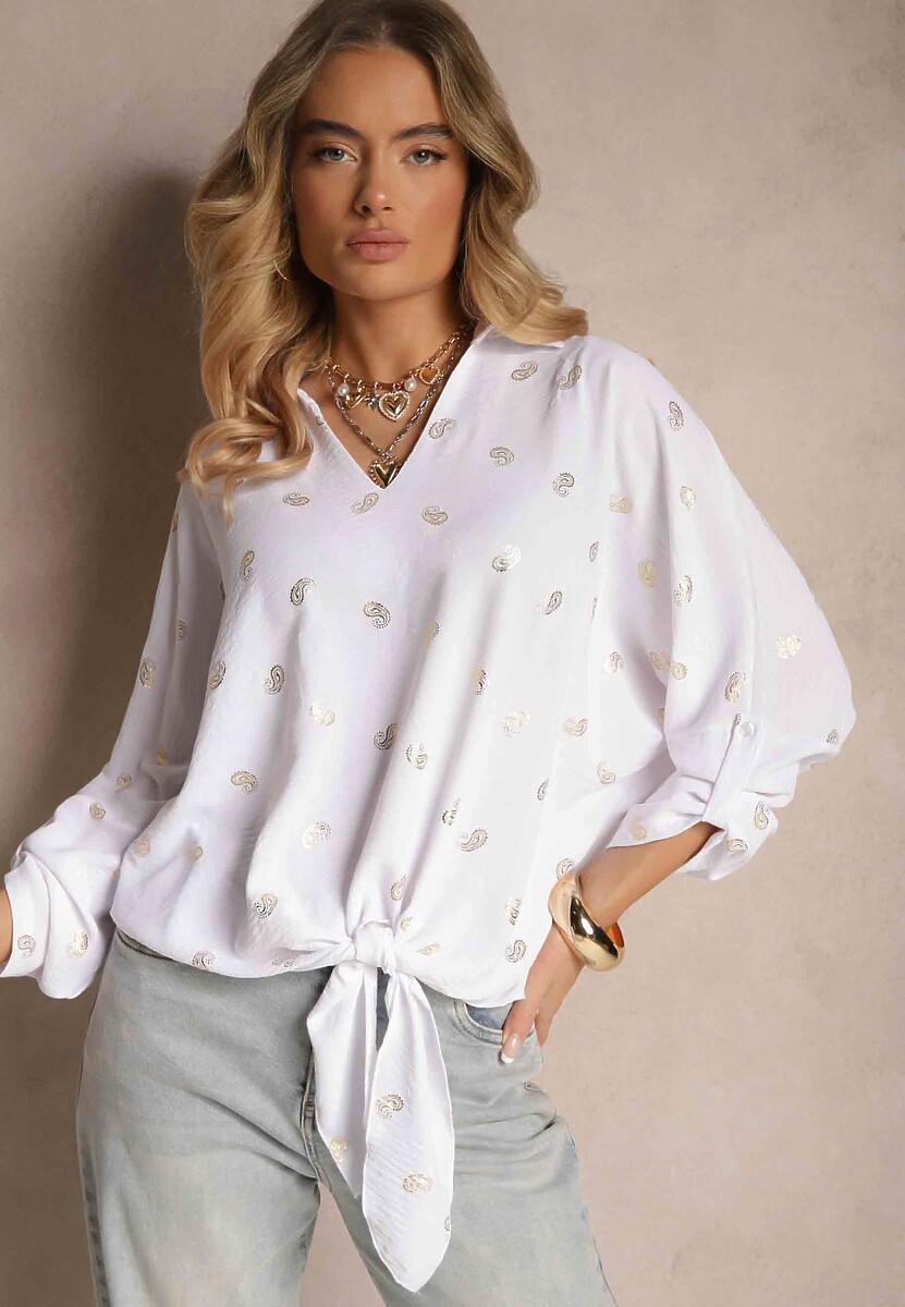 Biała Bluzka z Kołnierzykiem i Metalicznym Wzorem Nonelle