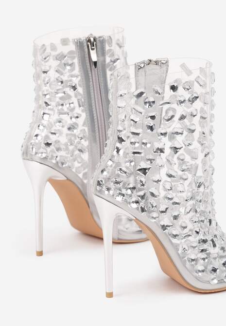 Srebrne Eleganckie Przezroczyste Botki na Szpilce z Kryształkami Ravista