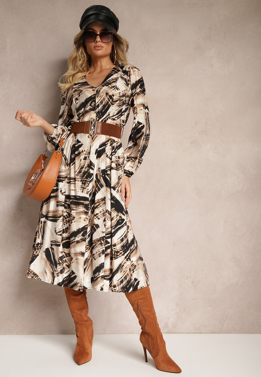Beżowa Wzorzysta Sukienka z Wiskozą o Rozkloszowanym Kroju z Dodatkowym Paskiem Mirilie