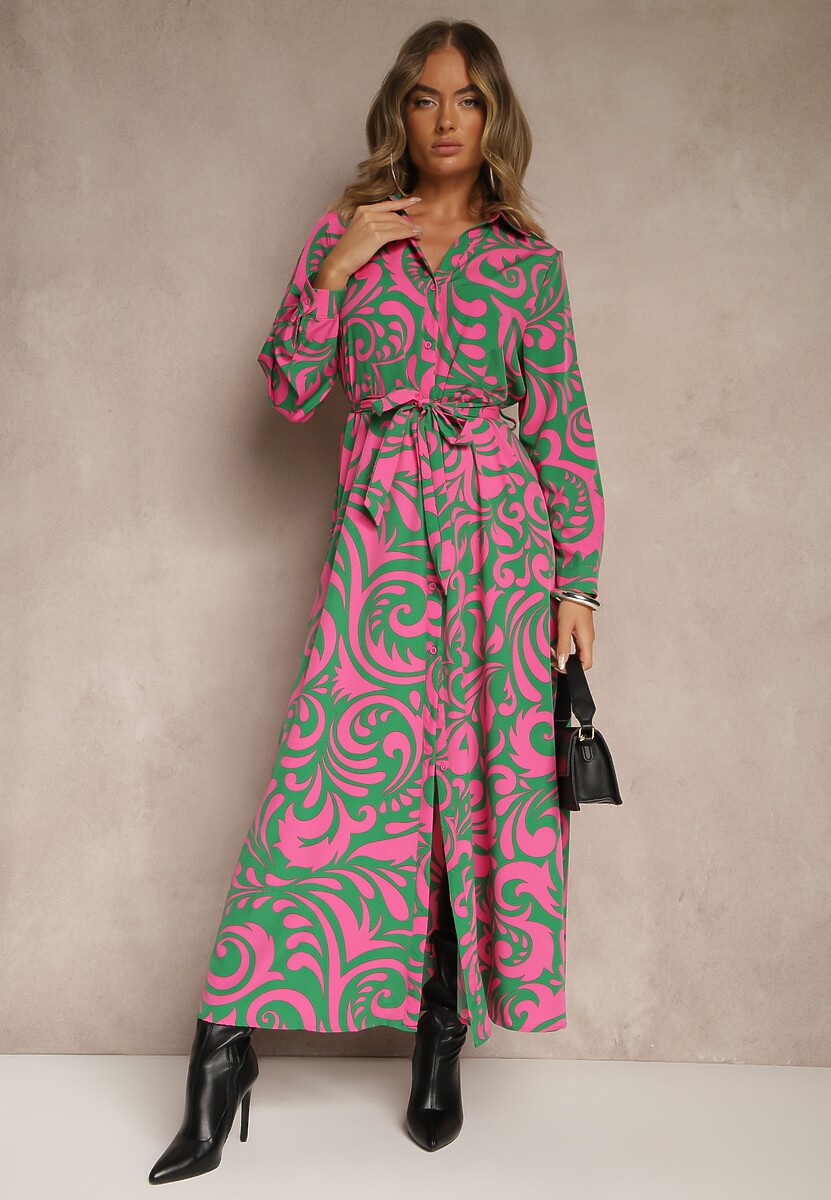 Zielono-Fuksjowa Sukienka Koszulowa Maxi z Materiałowym Paskiem w Abstrakcyjny Print Lirans