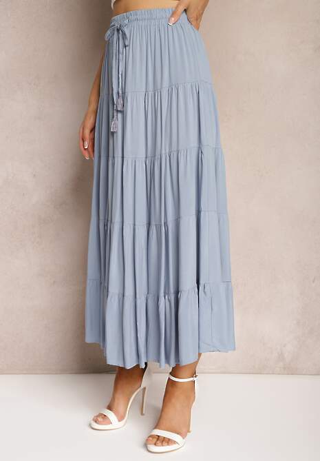 Niebieska Wiskozowa Spódnica High Waist o Rozkloszowanym Kroju z Wiązaniem i Gumką w Talii Leceviana