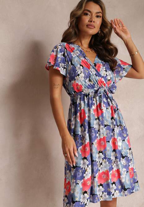 Niebiesko-Czerwona Rozkloszowana Sukienka z Kopertowym Dekoltem i Wiązanym Paskiem Kanges