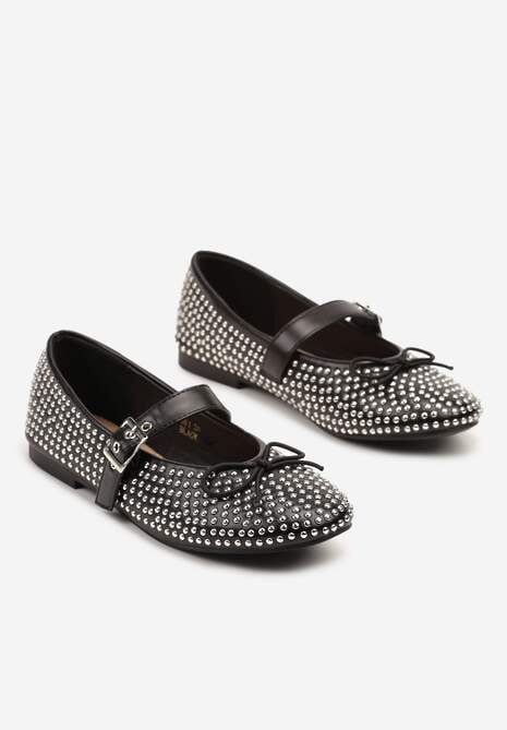 Czarne Balerinki Mary Jane Ozdobione Kokardą i Cyrkoniami Lurisellia