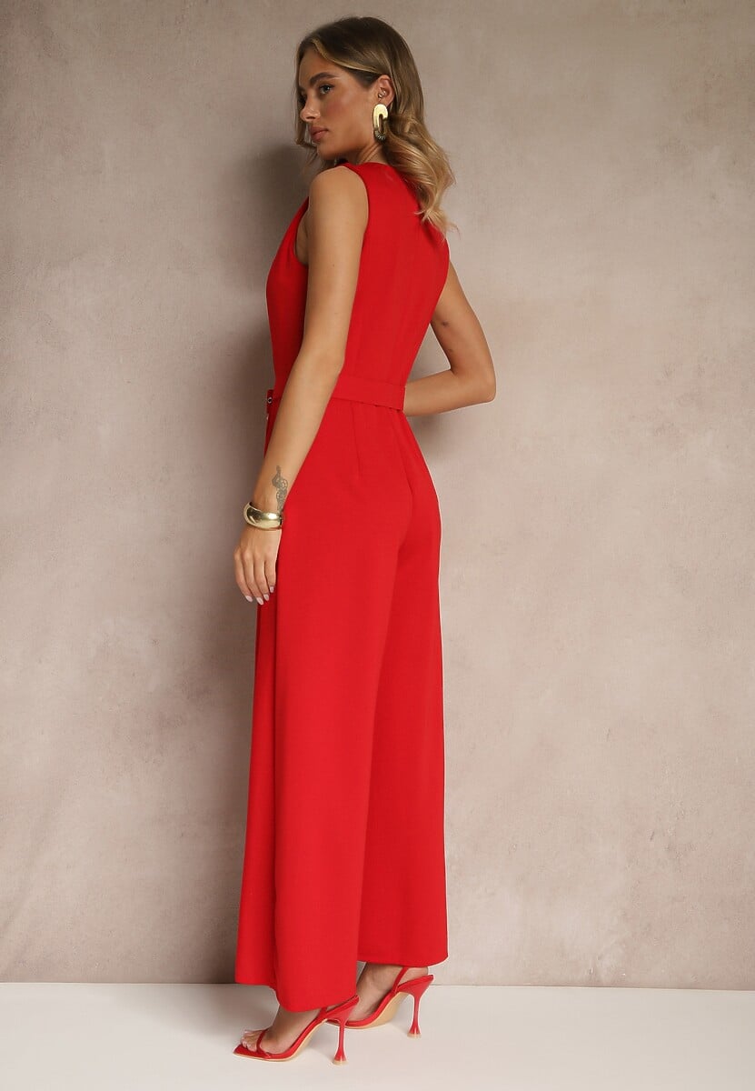 Czerwony Kombinezon o Taliowanym Kroju z Wiskozą i Paskiem Raliorea