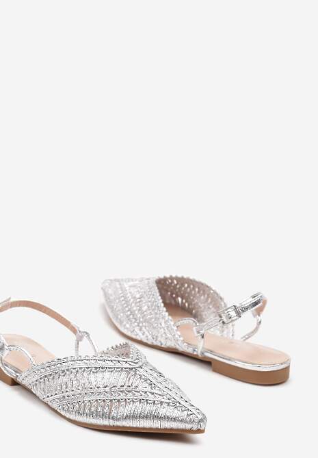 Srebrne Sandały z Odkrytą Piętą z Plecionego Materiału Trifa