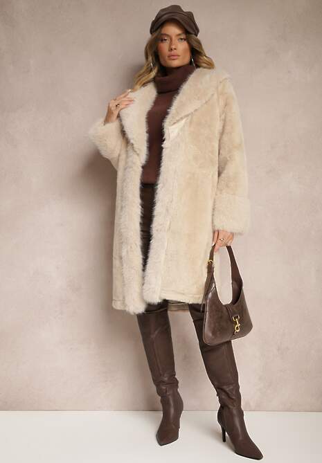 Beżowa Kurtka Futro o Długim Kroju z Wiskozą Ninnarlia