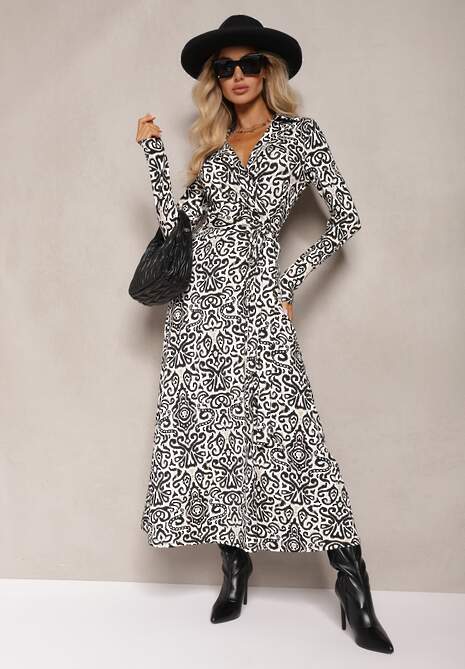 Czarno-Biała Taliowana Sukienka Maxi z Paskiem i Kopertowym Dekoltem Anetil