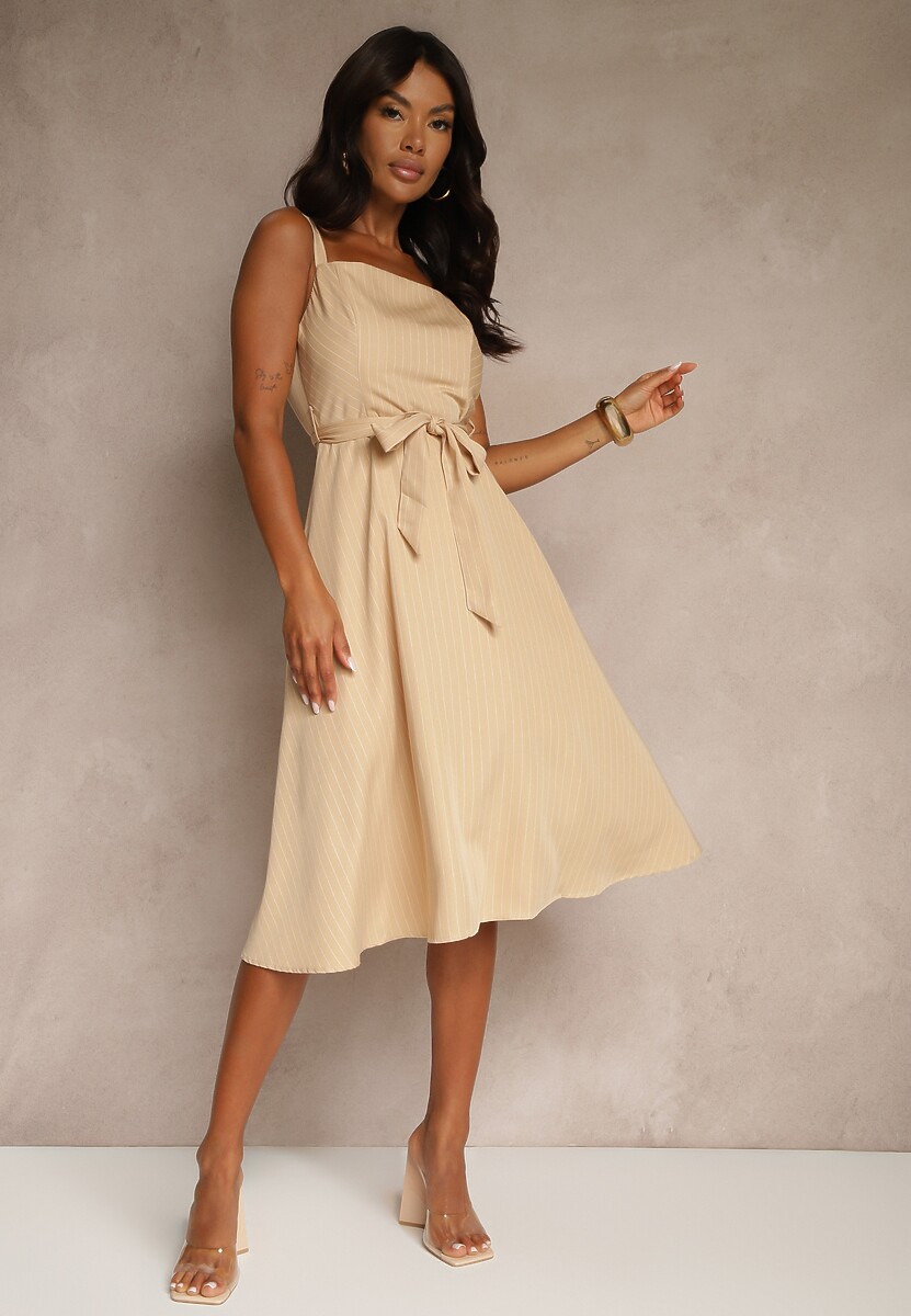 Beżowa Rozkloszowana Sukienka z Wiskozą w Paski Dolavessa