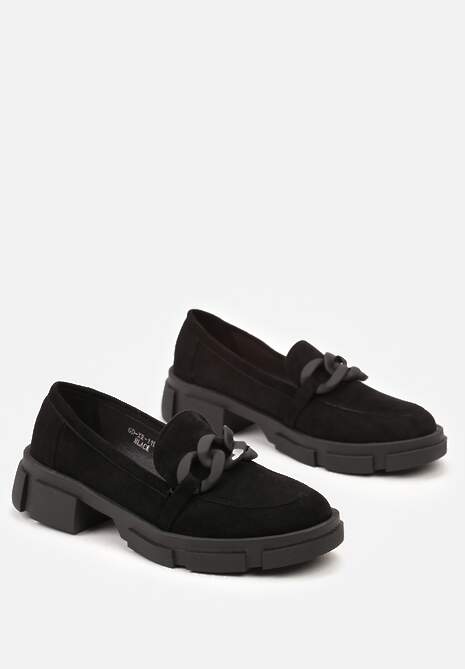 Czarne Mokasyny ze Skórzaną Wkładką i Łańcuchem Forote